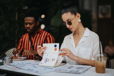 Business colleagues working with charts and graphs in a casual outdoor settingの写真素材