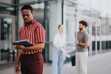 Businessman reading documents on tablet while colleagues chat in modern office buildingの写真素材