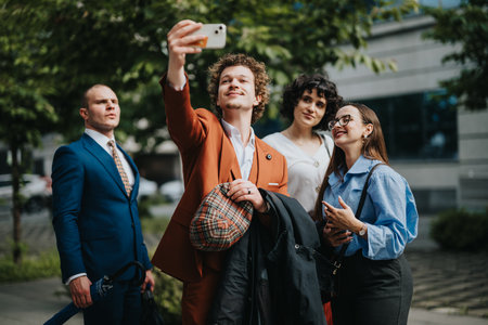 Four business people taking a group selfie outdoors in a city settingの写真素材