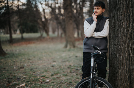 Thoughtful teenage boy with bicycle leaning on tree in park settingの写真素材