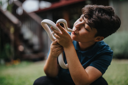 Young girl interacts playfully with a curious white snake outdoorsの写真素材