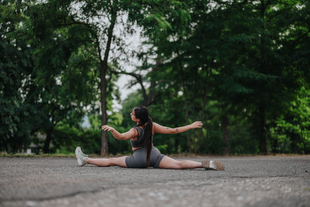 Woman performing a dance routine in a park setting, displaying flexibility and grace in the outdoors surrounded by nature and trees on a sunny day.の写真素材