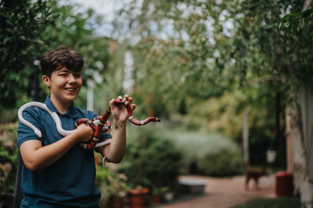 Young person joyfully playing with colorful snakes in a gardenの写真素材