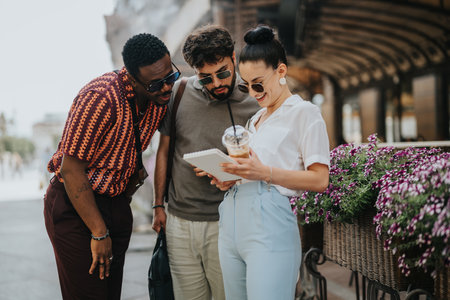 Business people discussing work in outdoor meeting with a tablet on a sunny dayの写真素材