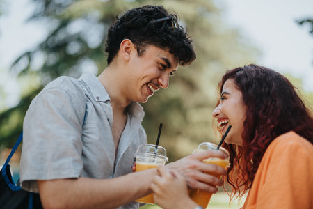 Friends laughing and enjoying fresh juice outdoors on a sunny dayの写真素材