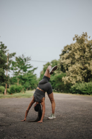 Woman performing a handstand on a sunny day in a park setting, showcasing balance and acrobatic skills.の写真素材