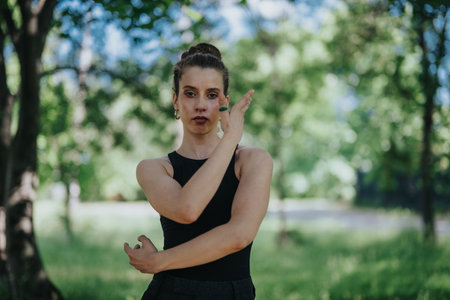 Lovely girl dancing in nature, female dancer performing modern dance in a serene green settingの写真素材