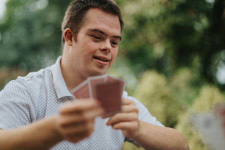 Man with Down syndrome enjoying a card game outdoorsの写真素材