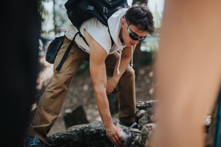Man with backpack refilling water bottle during a hiking trip in nature