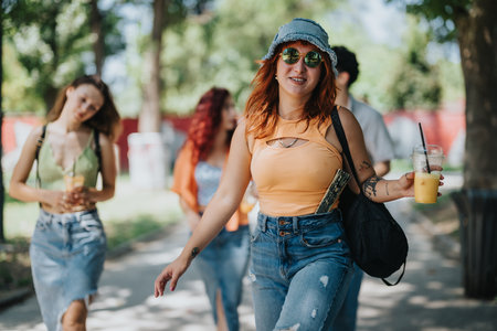 Group of young people enjoying a sunny day in the park with drinks and casual outfitsの写真素材