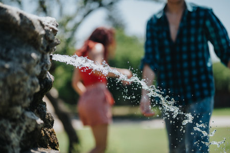 Group of friends having fun by the fountain in sunny park on a bright dayの写真素材