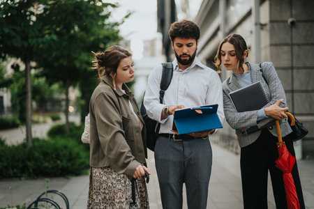 Young business professionals brainstorming ideas and planning a new project outdoorsの写真素材