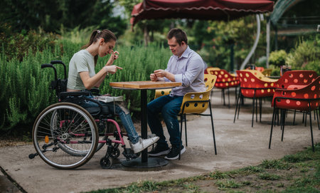 Boy with Down syndrome and girl in wheelchair enjoying backgammon outdoorsの写真素材