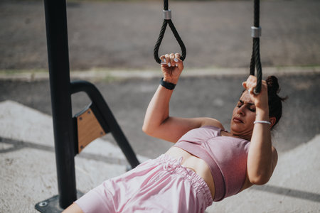 Woman exercising with resistance bands on outdoor gym equipment in a park settingの写真素材