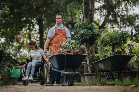 Children gardening together with joy and inclusivity outdoorsの写真素材
