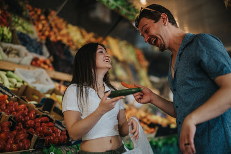 Friends happily buying fresh fruits and vegetables at a local marketの写真素材