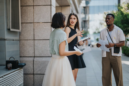 Young professionals discussing project outdoors on city streetの写真素材