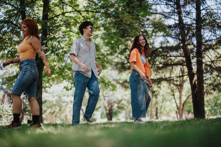 Young teenagers enjoying a fun day at the park expressing joy, friendship and laughterの写真素材
