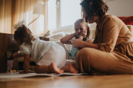 Mom with daughters enjoying playtime together in cozy living room settingの写真素材
