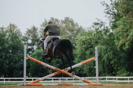 Equestrian riding horse jumping over obstacle in outdoor training arenaの写真素材