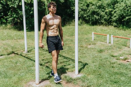 Fit, strong young male sports person working out in a sunny parkの写真素材