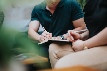 Young business entrepreneurs collaborating in an outdoor meetingの写真素材