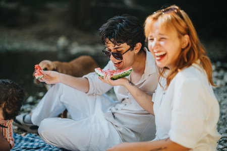 Friends laughing and eating watermelon on a sunny picnic dayの写真素材