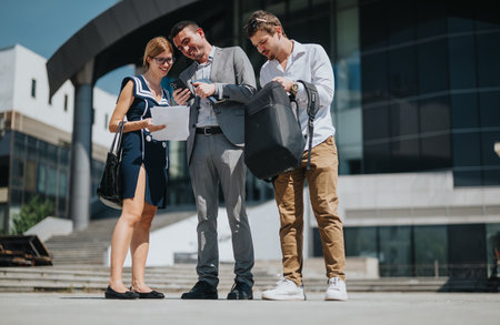 Business team discussing work outside modern office buildingの写真素材