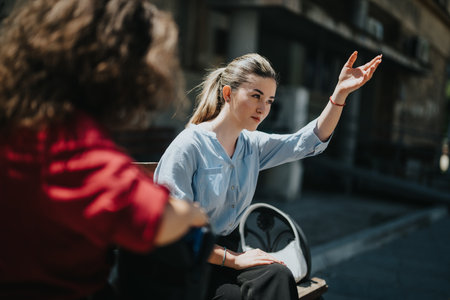 Young businesspeople having an outdoor meeting, discussing ideas and strategiesの写真素材