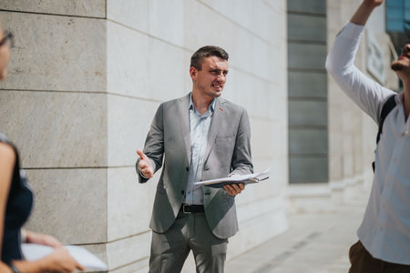 Businessman leading outdoor meeting discusses strategy with colleagues in corporate environmentの写真素材