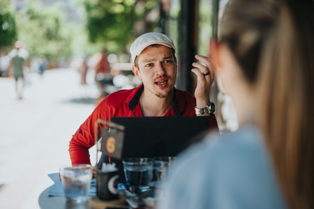 Young business associates collaborating outdoors at a cafe on a sunny dayの写真素材