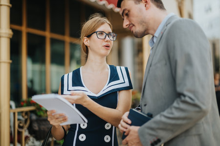 Professional conversation between two colleagues outside an office buildingの写真素材