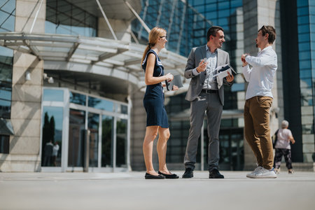 Business professionals engage in a lively discussion outside a modern office building under sunny skiesの写真素材