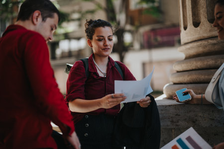 Young businesspeople meeting outdoors discussing documents and ideasの写真素材