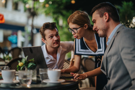 Business meeting outdoors with focused professionals collaborating and discussing ideas at a cafe. Teamwork and communication in a modern work setting for project planning and decision-making.の写真素材