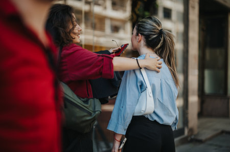 Young business associates interacting with each other outdoors in an urban settingの写真素材