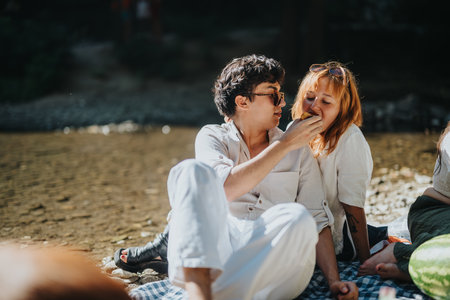 Young couple enjoying a romantic picnic by the riverの写真素材