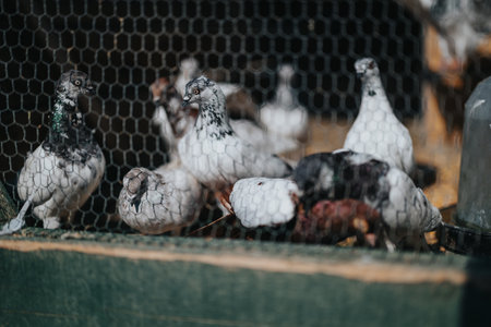 Group of pigeons in a birdcage on a sunny day at the farmの写真素材