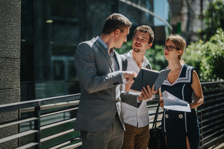 Business professionals discussing sales strategies outside, analyzing reports and planning for growth with digital tablet and documentsの写真素材