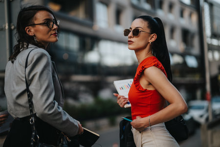 Two businesswomen discussing work outside modern office buildingの写真素材