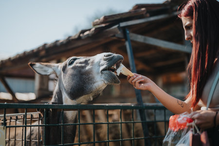 Young woman feeding a donkey ice cream at a petting farmの写真素材