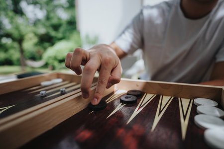 Close-up of a person playing backgammon in the gardenの写真素材