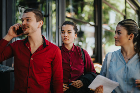 Young businesspeople walking outside office building, having a conversation, teamwork and cooperationの写真素材