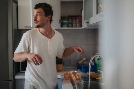 Young man in kitchen preparing morning coffee drinksの写真素材