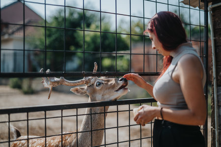 Woman gently petting a deer through a fence at a wildlife parkの写真素材