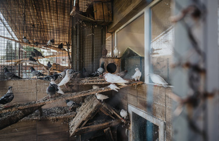 Group of pigeons resting on wooden perch inside aviaryの写真素材