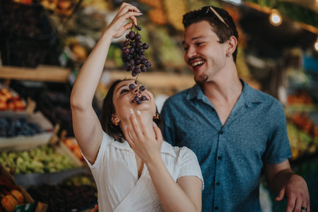 Friends enjoying grapes at a vibrant local market togetherの写真素材
