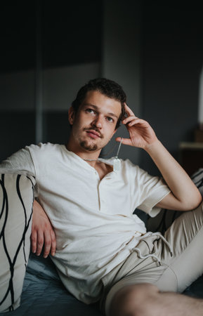 Relaxed young man sitting comfortably on a bed with a thoughtful expression, wearing a casual white...