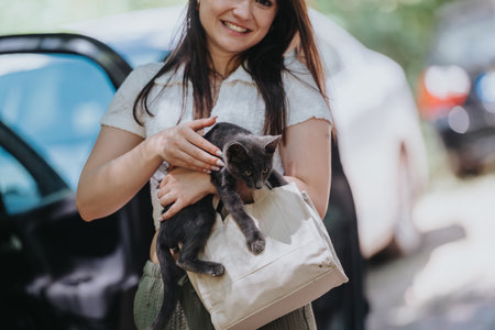 Woman smiling holding a black kitten in a tote bag outdoorsの写真素材