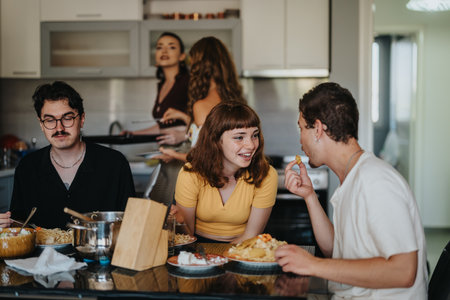 Friends enjoying a casual meal together in a modern kitchenの写真素材
